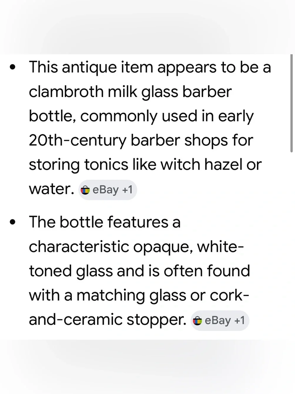 Antique Clambroth Milk Glass Barber Bottle Classic White Ceramic Bud Vase no cap